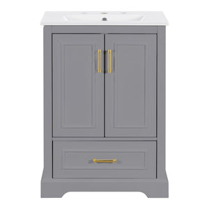English Elm 24"bathroom Vanity Freestanding Gray Mdf Ceramic Sink Soft Close Storage Cabinet N729P321378E