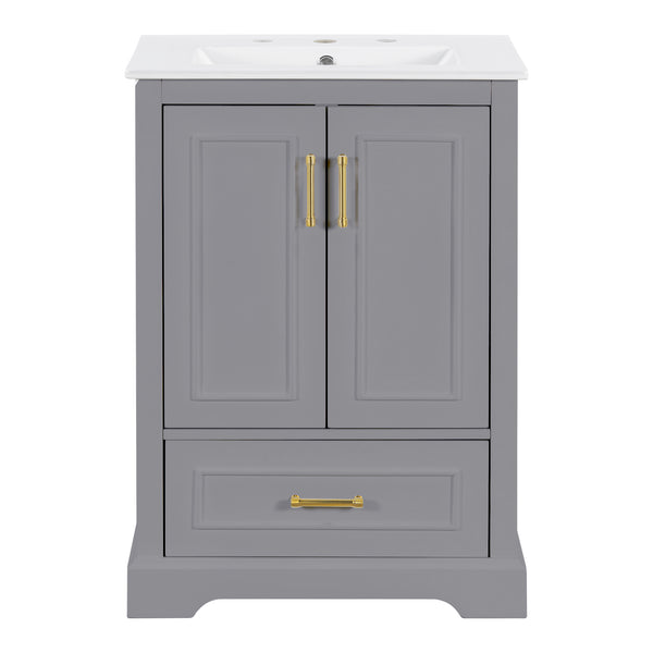 English Elm 24"bathroom Vanity Freestanding Gray Mdf Ceramic Sink Soft Close Storage Cabinet N729P321378E