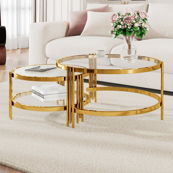 English Elm Modern Nesting Coffee Table Set Textured Tempered Glass Gold Tripod Base Living Room N735P354005A