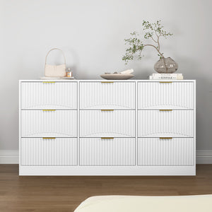 English Elm Black Nine Drawer Wide Dresser Matte Wood Chest with Wavy Relief Panels Bedroom Storage White W409P307539