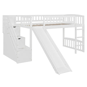 English Elm Stairway Twin Loft Bed with Storage Staircase Slide and Guardrails for Kids White LT000515AAK-1