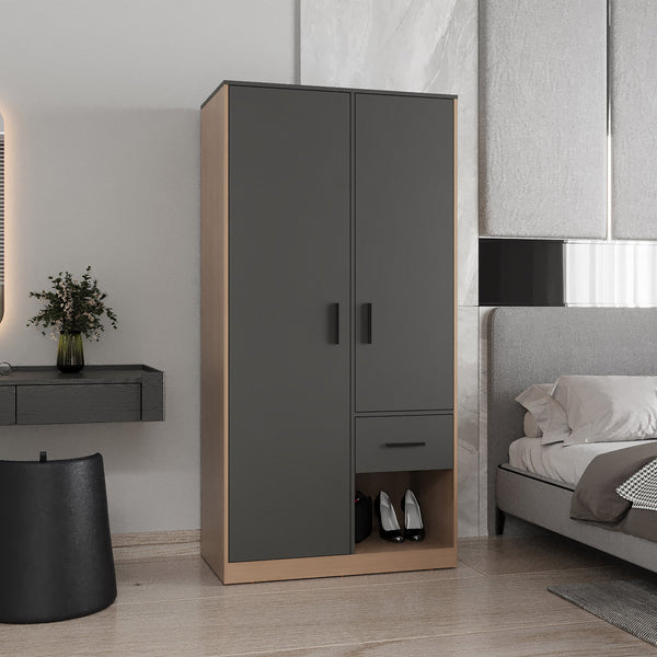 English Elm Armoire with Built-In Mirror and Ample Storage — 4 Doors, 2 Drawers, 4 Shelves, Eco-Friendly Finish Matte Gray 74.02 L x 25.2 W x 3.54 H B097S00217