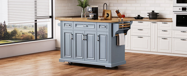 English Elm K&K 54" Farmhouse Kitchen Island with Embossed Texture, Drop Leaf, Soft-Close Drawers & Wheels Grey+Blue N707P195395G