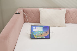 English Elm Pink velvet daybed with diamond-grid pull-out trundle, modern velvet MDF frame, twin size elegance and extra sleep space W1361S00030