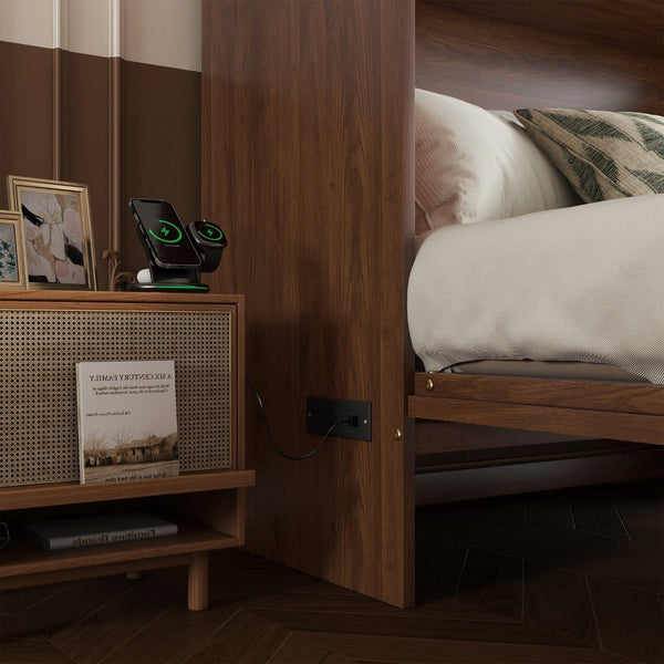 English Elm Queen Size Murphy Bed - Stylish Pine Wood Cabinet With Power Station & Rattan Panel For Space-Saving W504S00234-GIGA