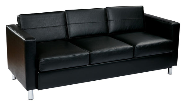 OSP Home Furnishings Pacific Faux Leather Contemporary Sofa with Chrome Legs for Modern Living Spaces Black PAC53-R107