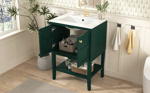English Elm 24'' Retro Green Bathroom Vanity with Glossy Resin Basin, Solid Wood Feet, Soft-Close Doors, Ample Storage, Metal Handles (Modern) WF324870AAF