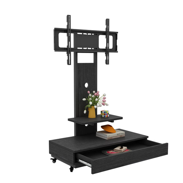 English Elm Tv Rolling Cart with Swivel Mount Lockable Wheels Pull Out Drawer Iron Frame Black W241P246878