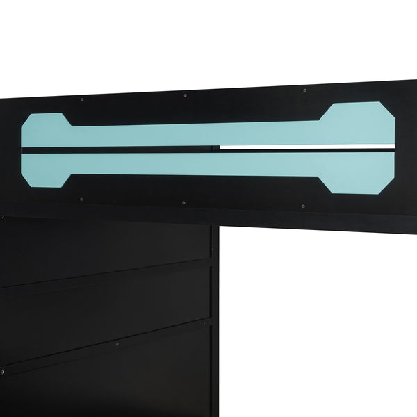 English Elm Full Size Wood Loft Bed with Rgb Lighting Desk Storage and Gaming Console Shelf Blue LT000260AAC