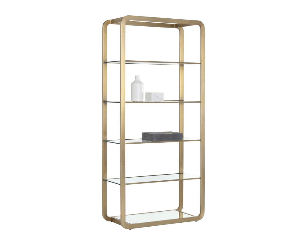 Sunpan Ambretta Bookcase: Elegant Modern Design with Glass Shelves and Mirrored Bottom for Stylish Storage Large - 34W x 15D x 72H