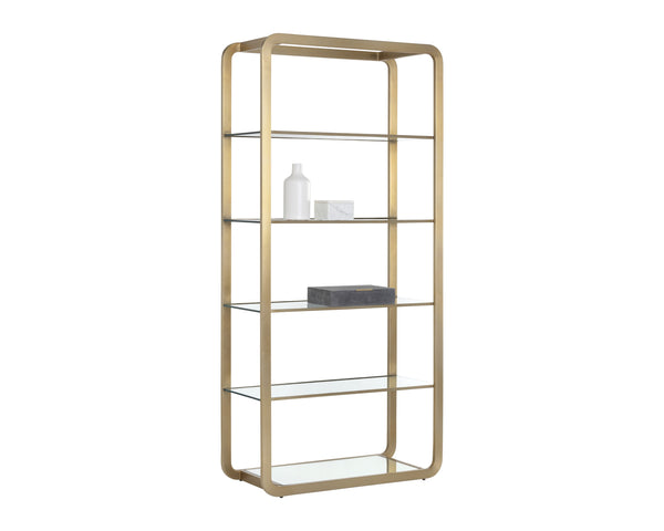 Sunpan Ambretta Bookcase: Elegant Modern Design with Glass Shelves and Mirrored Bottom for Stylish Storage Large - 34W x 15D x 72H