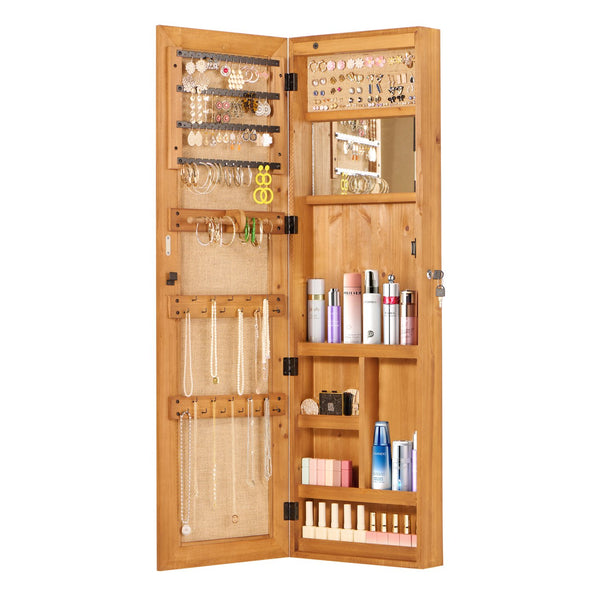 English Elm Solid Wood Wall Mounted Jewelry Armoire with Led Lighting Auto Activated Mirror Cabinet Light Brown W2640P356579