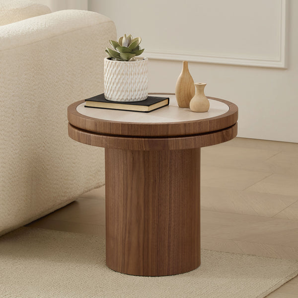 English Elm 19.49 Inch Round Sintered Stone Top Mdf Pedestal Side Table for Modern Living Spaces W876P460750