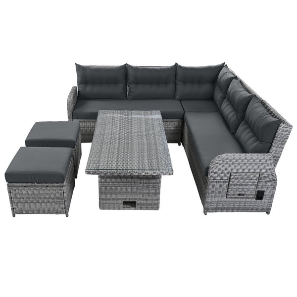 English Elm Outdoor Furniture Set: Modern Rattan Patio Set With Adjustable Recliners, Glass Tables & Ottomans N719Z000120E-GIGA