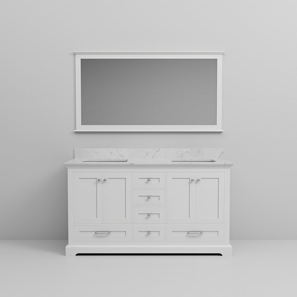 English Elm White Double Bath Vanity 60 in with Carrara Marble Top, 6 Drawers, Soft Close, 58 in Mirror Included B2731S00655