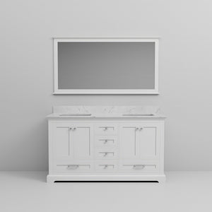 English Elm White Double Bath Vanity 60 in with Carrara Marble Top, 6 Drawers, Soft Close, 58 in Mirror Included B2731S00655