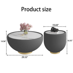 English Elm Light Round Sintered Stone Coffee Table with Leather Base and Brass Accents Modern W3081P309607