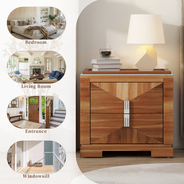 English Elm Mid-century Modern Nightstand with Diamond Geometric Drawers and Heavy Duty Wood Base Light Brown N761P324094M