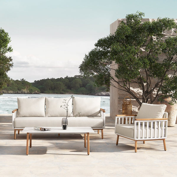 English Elm Jennifer Taylor Home - Calarono Teak & Aluminum 2pc Outdoor Sofa + Coffee Table Set in Sand Dune Chenille — Durable, UV‑Resistant Comfort and Modern Slatted Design B2719P320845