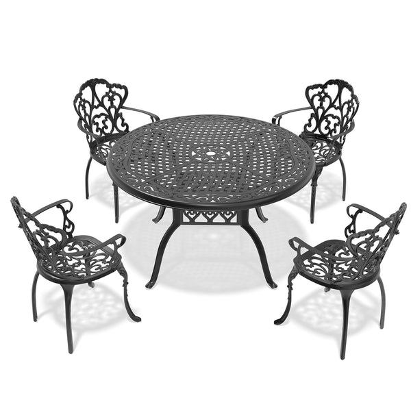 English Elm 5-piece Cast Aluminum Outdoor Dining Set with Ornate Relief Patterned Chairs and Table W1710S00553