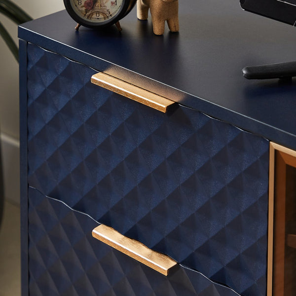 English Elm Deluxe Sculpted Geometric TV Cabinet with Tempered Glass Doors, 4 Drawers, Adjustable Metal Feet, Modern Chic Design Dark Blue W1162P294820