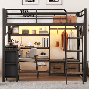 English Elm Full Size Loft Bed With Integrated Desk, Storage, And Lighting – Perfect For Space-Saving Living Solutions! W2593S00040