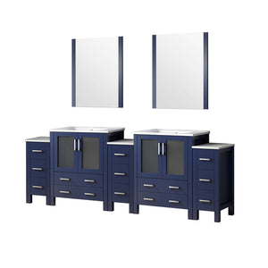 English Elm Navy Double Bath Vanity 96" W x 18.25" D with Side Cabinets, White Ceramic Top, Soft-Close Drawers and 28" Mirrors B2731S00608