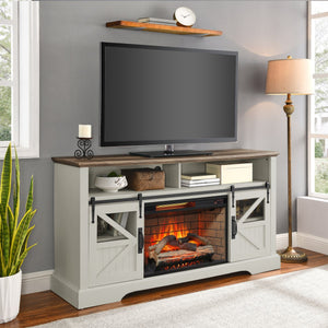 English Elm 60 Inch Farmhouse Electric Fireplace Tv Stand with Led Flame and Cabinet Storage W1769S00004
