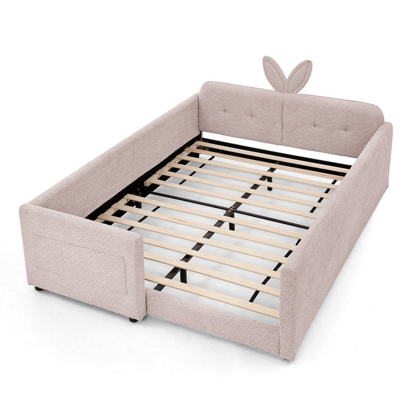 English Elm Full Size Boucle Platform Bed Whimsical Rabbit Ear Headboard with Safety Rail Pink W1413S00136