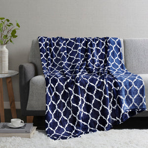 JLA Home Madison Park - Oversized Microlight Plush Throw with Ogee Pattern, Ultra-Lofty Lightweight Comfort, OEKO-TEX Certified Navy MP50-1731