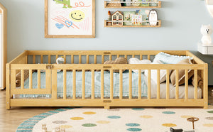 English Elm Queen Kids Floor Bed with Safety Guardrails and Door for Independent Sleep, Pine Frame, 82.7"x62.6" Natural W1580P338954