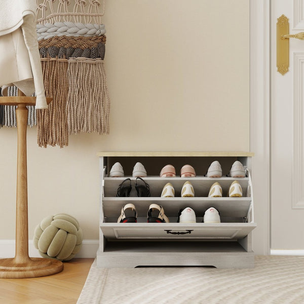 English Elm Shoe Storage Bench - Compact Entryway Organizer With Flip Drawer & Adjustable Shelf In Antique White W1120P290635-GIGA