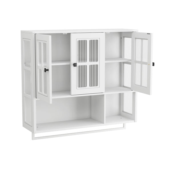 English Elm Bathroom Wall Cabinet with 3 Doors and Glass Panel, MDF Storage Cabinet with Towel Bar, Modern 35.6"L x 10.2"W x 32.5"H White W757P329727