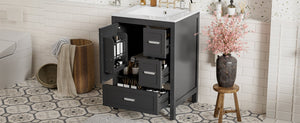 English Elm Modern 24 Inch Bathroom Vanity Solid Wood Cabinet with Ceramic Sink and Soft Close Storage Black N729P292859B