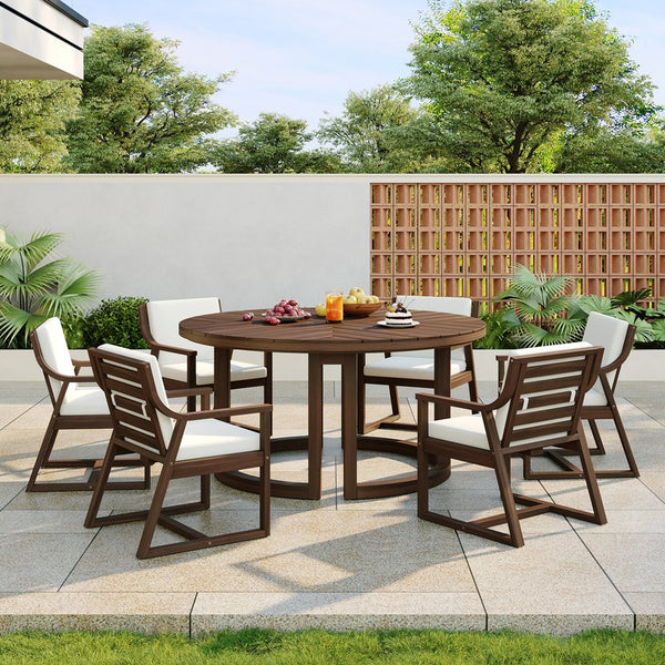 English Elm Trexm Outdoor Acacia Wood Round Dining Set Seats Six with Cushioned Chairs and Umbrella Hole Mocha TM000027AAP