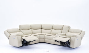 English Elm L Leather Power Reclining Sectional Sofa with USB Ports, Storage Console, Breathable Seating for 5 Cream W791S00016