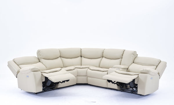 English Elm L Leather Power Reclining Sectional Sofa with USB Ports, Storage Console, Breathable Seating for 5 Cream W791S00016