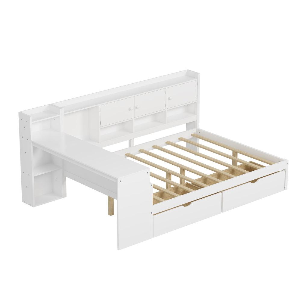 English Elm Full Full Size Wooden L-Shape Daybed with 7 Cabinets, 2 Drawers, Desk & Bookshelf — Space-Saving White N733S351674K