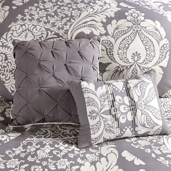 JLA Home Madison Park - 6 Madison Park Vienna Duvet Cover Set – 100% Cotton Sateen Damask Design with Pillows, Button Closure, OEKO‑TEX Certified Grey MP12-477