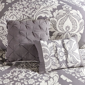 JLA Home Madison Park - 6 Piece Printed Duvet Cover Set Madison Park Vienna — 100% Cotton Sateen Damask with Pillows, OEKO‑TEX Certified Grey MP12-476
