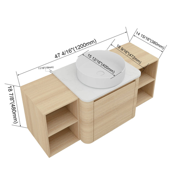 English Elm 48'' Wall-Mounted Bathroom Vanity With Elegant Ceramic Sink, Soft-Close Door & Open Storage Shelves W999S00469