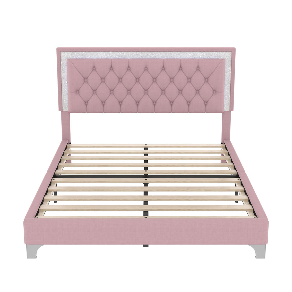 English Elm Queen Velvet Upholstered Bed Frame with LED Ambiance, Tufted Headboard, Sturdy Slat Support Pink 63.98 L x 23.23 W x 5.91 H N733P183657H