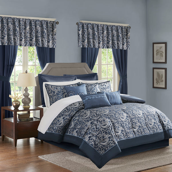 JLA Home Madison Park Essentials - 24 Navy Jacquard Paisley 24-Piece Room in a Bag Set — Elegant Comforter, Curtains, Shams & Decorative Pillows MPE10-982