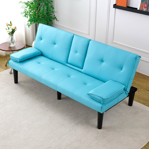 English Elm The 67-inch PVC multi-functional sofa bed with cup holder and one-click fold, space-saving comfort for guests Blue W3371P347652