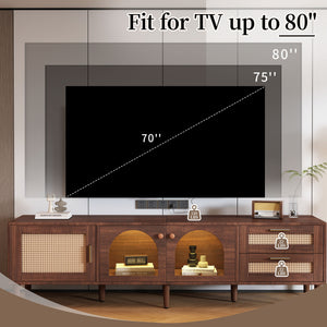 English Elm 70 Inch Rattan Media Console with Led Lighting Two Drawers Glass Storage Modern Living Room N710P396852P