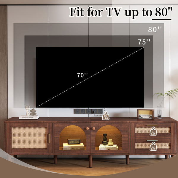 English Elm 70 Inch Rattan Media Console with Led Lighting Two Drawers Glass Storage Modern Living Room N710P396852P
