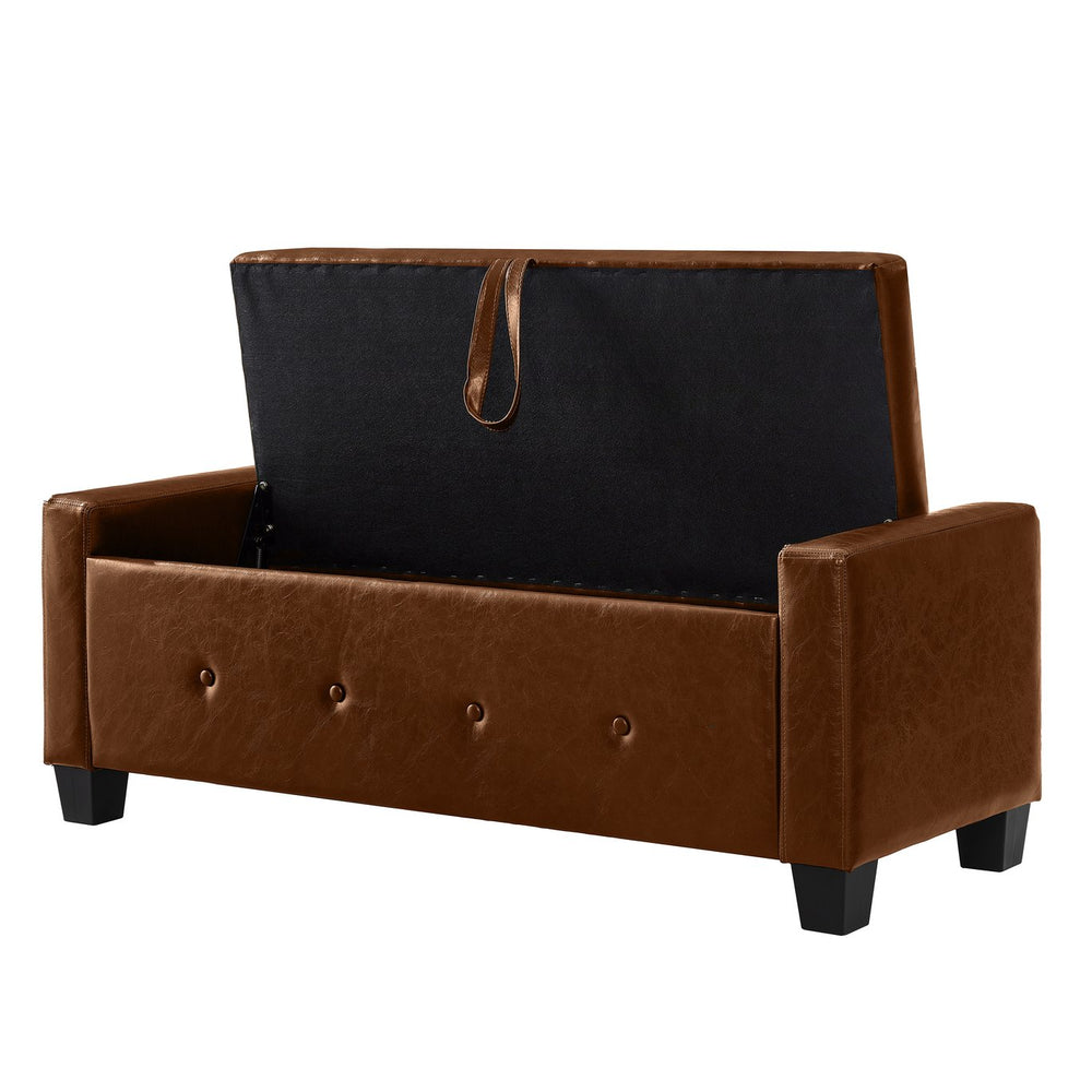 English Elm 48" Storage Ottoman Bench with Tufted Faux Leather Upholstery, Solid Wood Frame & 300lb Capacity Brown W1097P338778