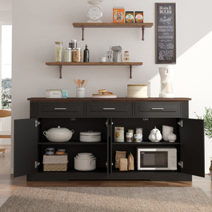 English Elm 63" Fluted Mdf Sideboard with Wood Tone Top Four Doors Three Drawers Dining Storage Black W2917S00010