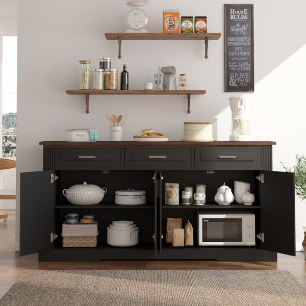 English Elm 63" Fluted Mdf Sideboard with Wood Tone Top Four Doors Three Drawers Dining Storage Black W2917S00010