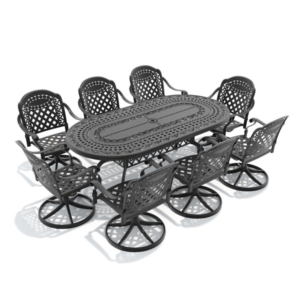English Elm 9-piece Cast Aluminum Outdoor Dining Set Oval Table Swivel Chairs Patio Seats 8 W1710S00324